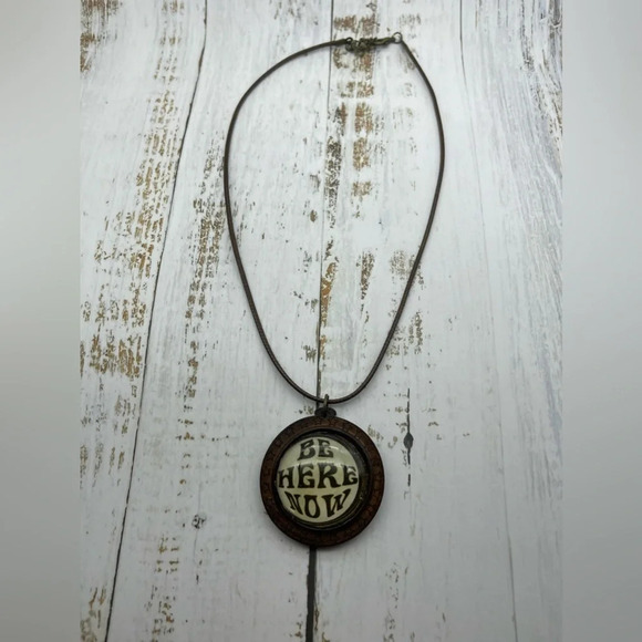 BE HERE NOW Ram Dass Quote Handmade Pendant, Necklace, Wood and Leather, NWOT - Picture 6 of 9